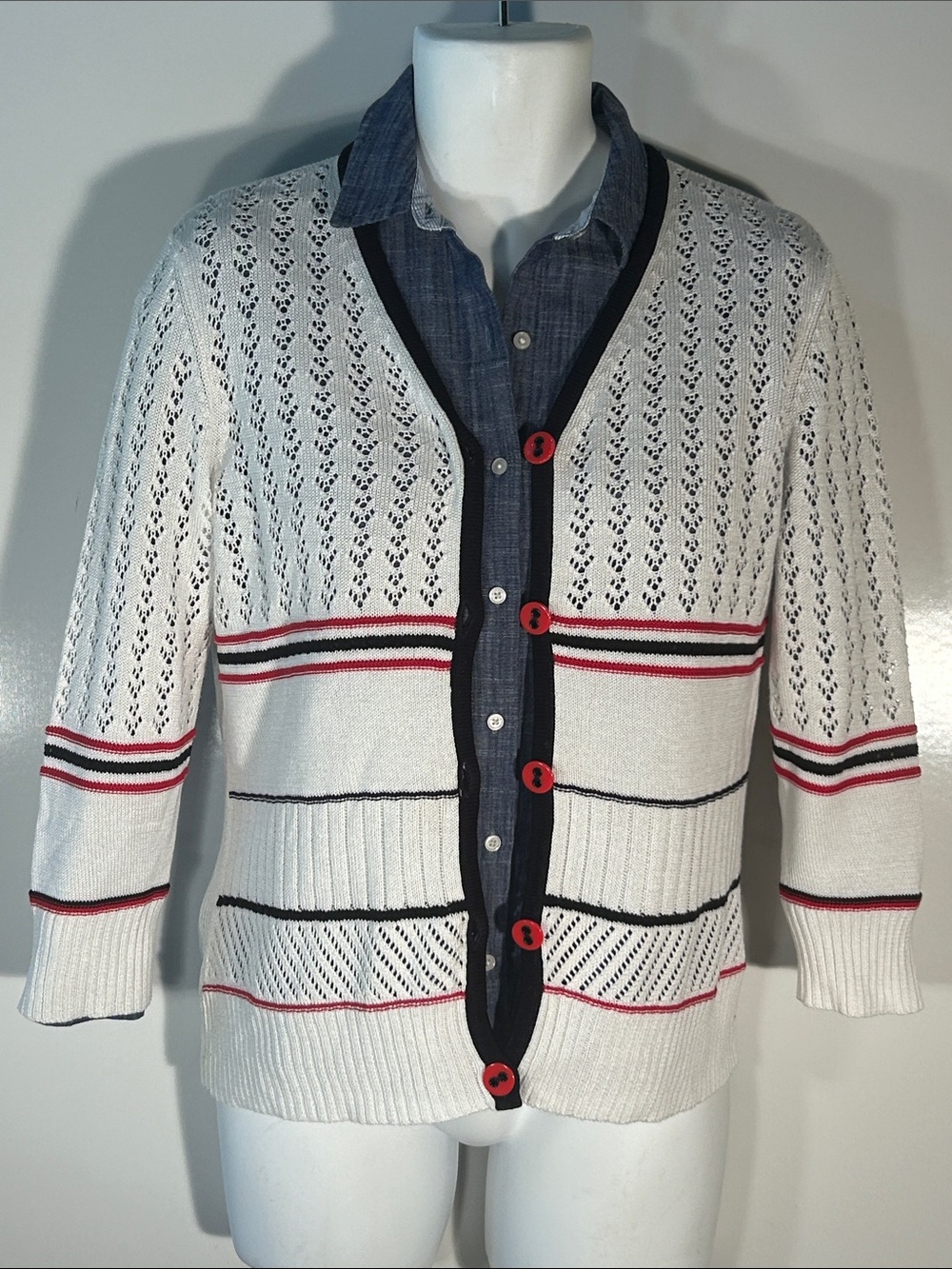 Austin Reed SZ M White Stripe V-Neck Button Cardigan Preppy Academia Old Money
